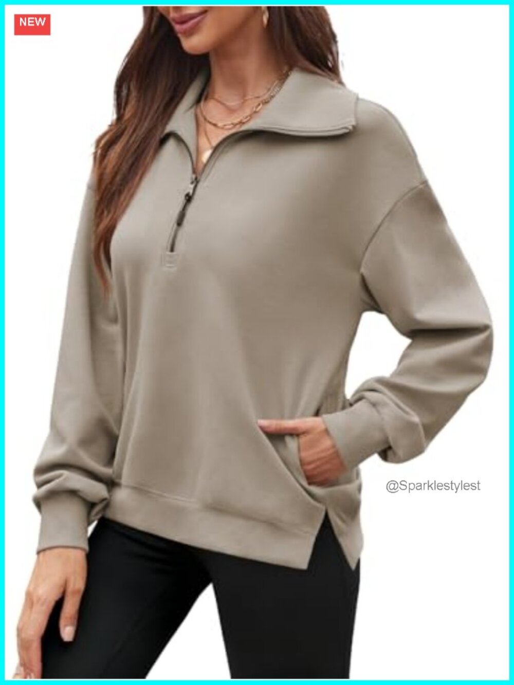 Women's Half Zip Long Sleeve Pullover Sweatshirt Side Slit Loose Fit
